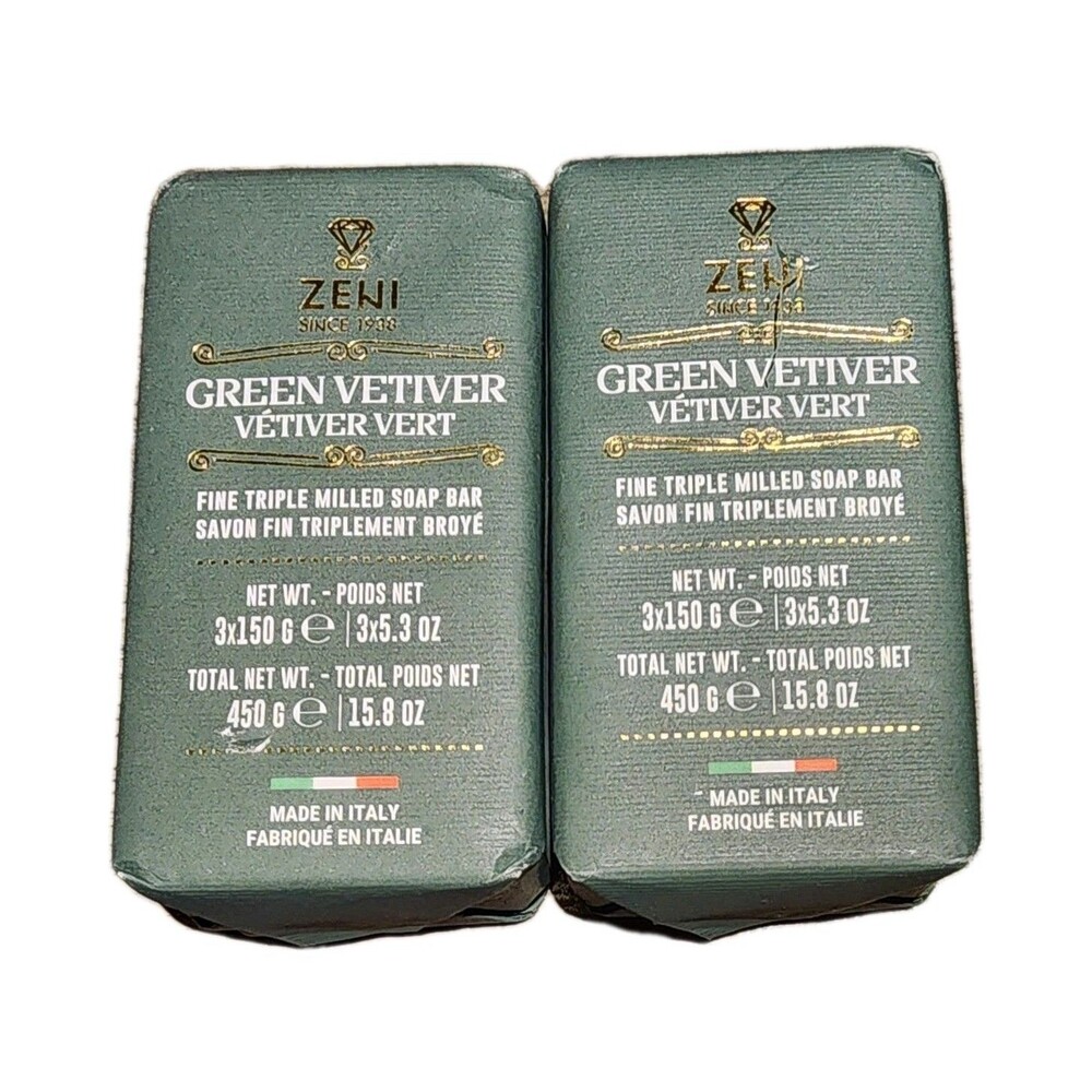 Zeni Green Vetiver Soap Triple Milled 5.3 Oz Made In Italy Set Of 2 Bars